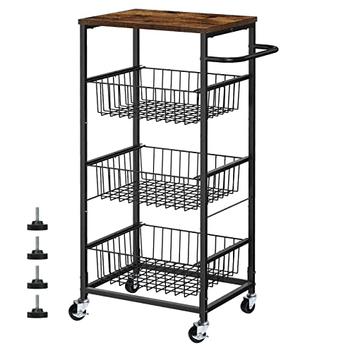 Carrito de almacenamiento de cocina con ruedas, carrito rodante de 4 niveles con cestas, carrito de servir de granja con asa, cesta de malla para despensa, baño, oficina, marrón