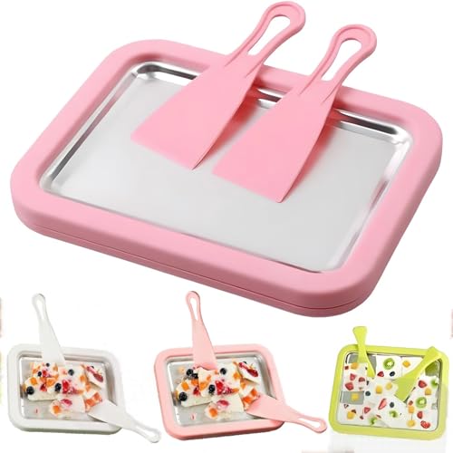 Rolled Ice Cream Maker, Easy Bake Freezy Bake Ice Cream Maker, Frozen Yogurt Maker Tray, At-Home Rolled Ice Cream Maker Kit with 2 Scrapers, No Power Supply, Suitable for Children and Adults (Pink)