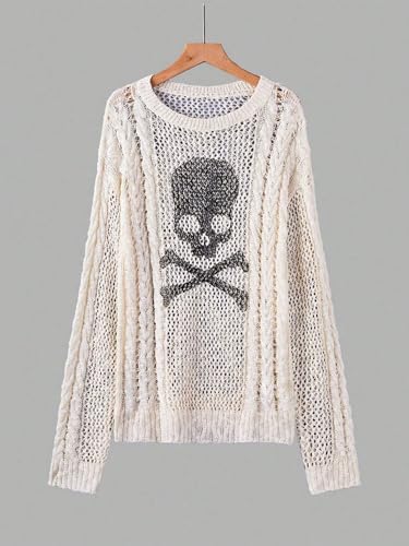 SHENHE Women's Skull Print Hollow Out Loose Knit Goth Grunge Off Shoulder Sheer Sweater3