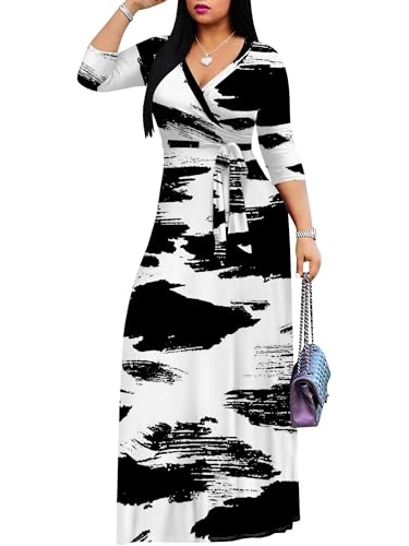 Image of Plus Size Dresses for Women Print Maxi Dresses 3 /4 Sleeve with Belt
