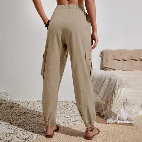 Linen Joggers for Women Loose Drawstring High Waisted Cargo Pants with Pockets Casual Summer Comfy Hiking Pull On Pants4