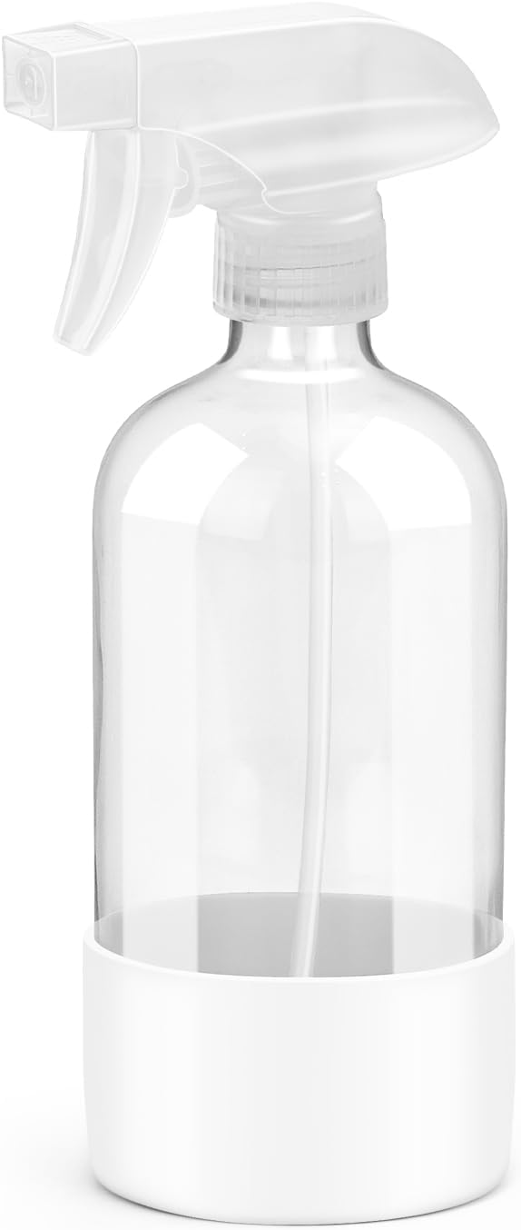 Rionisor Glass Spray Bottles with Silicone Sleeve Protection, Empty 16OZ Reusable Spray Bottles, Refillable Containers with Spray Nozzles for Cleaning Solutions, Plants and Essential Oils 1 Pack White