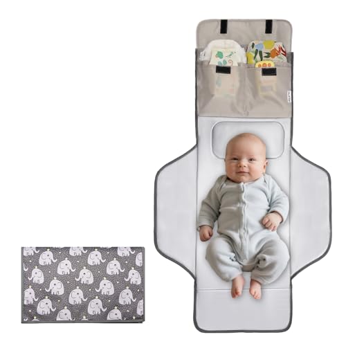Image of 31" X 24.2" Extra Large Lightweight Toddler Diaper Changing Pad with Storage Pockets, Waterproof Foldable Baby Changing Mat Wipeable, Portable Travel Changing Pad for Baby, Car, Diaper Bag (Elephant)