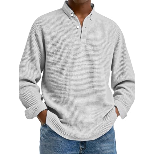 Mokaloha Mens Long Sleeve Shirts, Pacificozy Men's Simple Solid Color Waffle Lapel Long Sleeve Polo Shirt