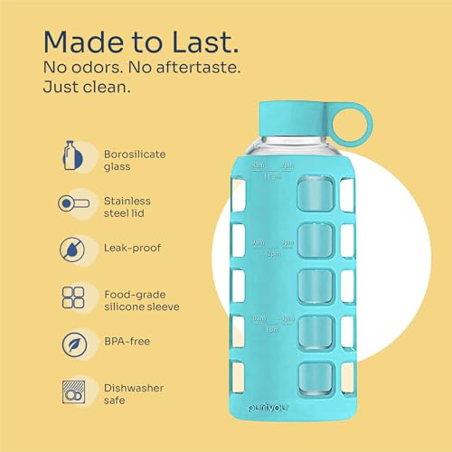 Image of purifyou 40oz / 32oz / 22oz / 12oz Borosilicate Glass Water Bottle with Time & Volume Markers, Silicone Sleeve, Stainless Steel Lid | Reusable Glass Bottle for Water & Juice (22oz Aqua Blue)