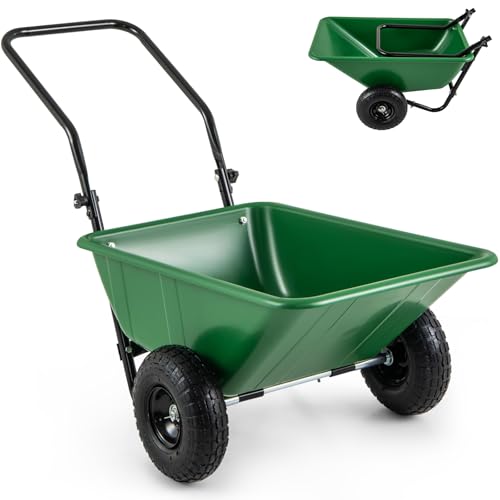 GiantexUK 2-Wheeled Wheelbarrow 80L, Garden Cart with Foldable Handle & Twin Pneumatic Tyres, Heavy-duty Metal Garden Trolley Handcart for Tools Plants Transport (Green+Black)