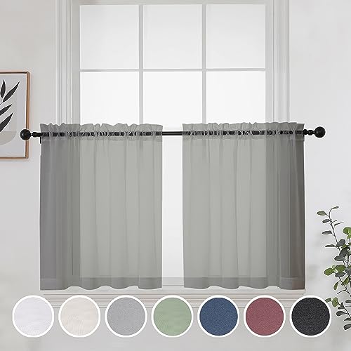 Image of OWENIE Grey Sheer Curtains 24 Inches Long 2 Panels for Bathroom Window, Rod Pocket Light Filtering Sheer Tier Curtains for Small Kitchen Laundry Room, RV, Camper Travel Trailers, 42W x 24L, Gray