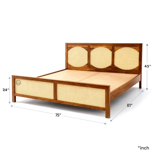 Image of SHRI MINTU'S ART Wooden Cane Bed with Rattan Panels | Solid Wood Platform with Arched Headboard and Footboard | Bedroom Furniture Bed Structure for Mattress Support (72x81) Inch King Size Bed (Brown)
