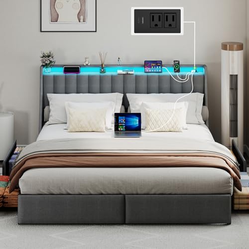 Image of Full Size Upholstered Bed Frame with 4 Storage Drawers and Charging Station | Metal Platform Bed with LED Lights and Storage Headboard, No Box Spring Needed, Easy Assembly, Noise-Free, Gray