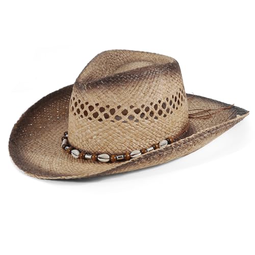 Image of Men's Cowboy Hats Summer Women Beach Cowgirl Hat Raffia Unisex Western Sun Hat