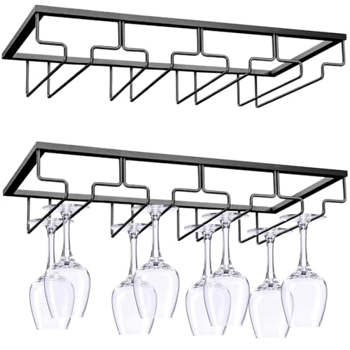 LOSYHU 2 Pack Wine Glass Holder Hanging Under Cabinet, 4 Rows Wine Glass Hanging Rack, Metal Wine Stemware Holder, Wine Glasses Hanger Rack for Bar and Kitchen Cabinet, Black