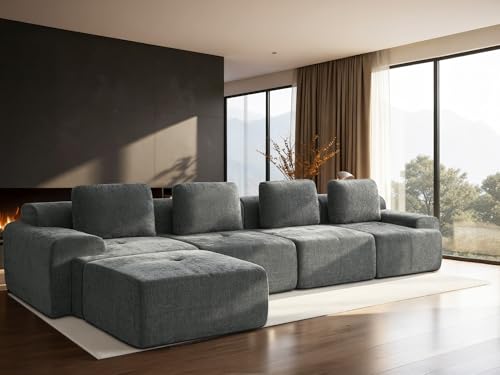 Image of 159 inch L-Shaped Modular Sectional Sofa, Oversized Boneless Cloud Couch for Living Room with Extra Deep Seat & High Back, Tool-Free No Assembly, Soft Chenille (Dark Grey, 159 inch-L Shaped（4+1）)