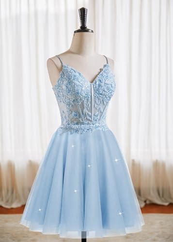Tulle Homecoming Dresses 2025 V Neck Beaded Short Prom Dresses Spaghetti Straps Cocktail Party Dress for Teens3