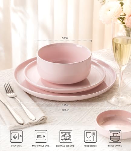Image of TheTerra Ceramic Dinnerware Set for 4, 12-Piece Plates and Bowls Set | Handmade Reactive Glaze Dish Set, Scratch Resistant, Oven & Microwave & Dishwasher Safe, Blush Pink