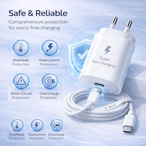 Image of 25W USB C Fast Charger Adapter with Type C to C Cable for Samsung Galaxy S24 /S23, A36 /A35 /A26 /A17 /A16 /A15 /A07 /A06, M56 /M55 /M36 /M35 /M17 /M17e /M16 /M15 /M07 /M06 /M05, F56 /F55 /F36 /F17 /F16 /F15 /F07 /F06 /F05