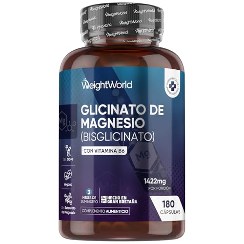 Glicinato de Magnesio 1422mg con Vitamina B6-180 Cápsulas Veganas que Aportan 200mg de Magnesio Puro - 3 Meses de Suministro, Sin OGM, Sin Gluten y Sin Lactosa