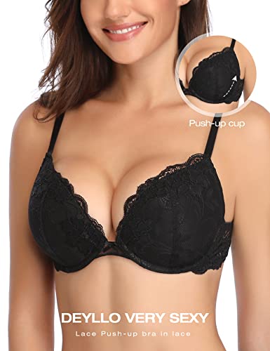 Deyllo Women’s Push Up Lace Bra Comfort Padded Underwire Bra Lift Up Add One Cup(Black,38C) - Image 3