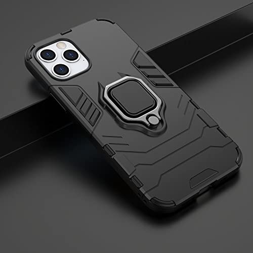 Image of WOW IMAGINE Shock Proof Back Case Mobile Cover Compatible with Apple iPhone 12 Pro (Armor | Hybrid PC + TPU | Full Protection with Ring Holder Kickstand | Carbon Black)