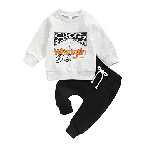 Image of AEEMCEM Western Baby Boy Clothes Cow Print Sweatshirt Pullover Top Jogger Pants Set 2Pcs Toddler Boy Fall Winter Outfits