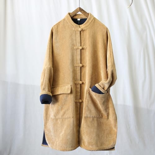 Ystylee Womens Classic Long Corduroy Jacket Sherpa Fleece Lined Loose Button Down Chinese Vintage Jacket Trench Coat3