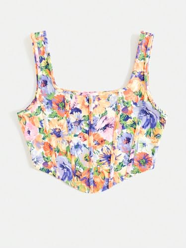 Image of mikuchiku Women's Floral Corset Tank Top, Printed, Sleeveless Crop Top