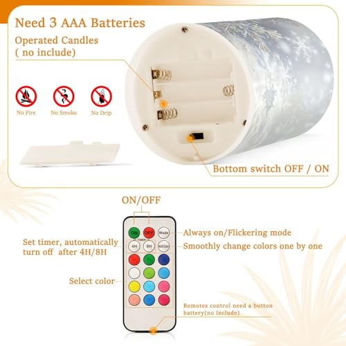 Image of Christmas Lights Flameless Candles Silver Background Snowflakes B Pillar Candles Set of 2 Battery Operated Remote Control Warm Lights Home Decor