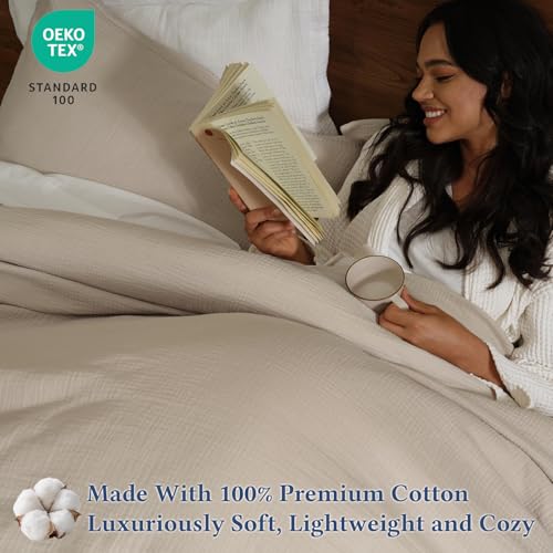 Image of David's Home Cotton Muslin Comforter Set, Queen Size Ultra‑Soft Breathable Summer Bedding, 3Pcs Lightweight 100% Cotton Cover with Polyester Fill, 1 Linen‑Like Comforter & 2 Pillow Shams, Natural