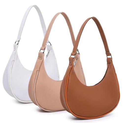 3 Bolsas MEIA LUA Bolsa Feminina Pequena, Macia e Leve, 20 x 24 x 4 cm, Ideal para Festas, Balada e Dia a Dia, Versátil e Elegante (Branco, Nude e Marrom)