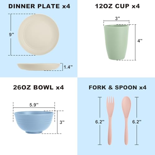 Image of Wheat Straw Dinnerware Sets 20 PCS Service for 4, Unbreakable Kitchen Plates and Bowls Sets, Microwave Dishwasher Safe Dish Set, Outdoor Camping, RV, Apartment Essentials - Colorful