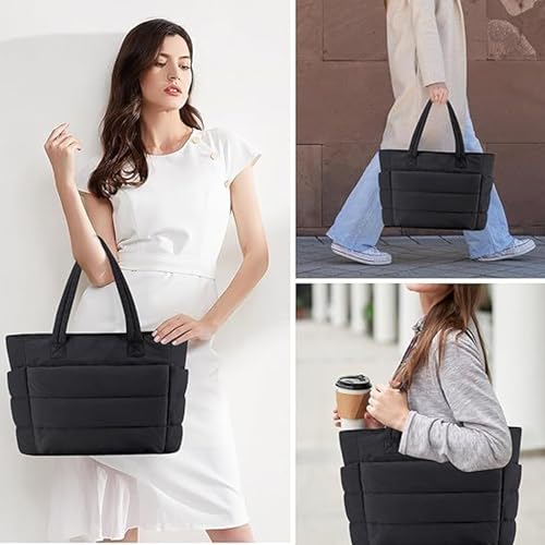 TYXHXTF Damen Handtasche Tote Bag Daunentasche, Puffy Tote Bag Sporttasche Tragbarer Laptop Umhängetasche, Einkaufstasche mit Schultergurt für Arbeit Reise Shopping Schule, Schwarz