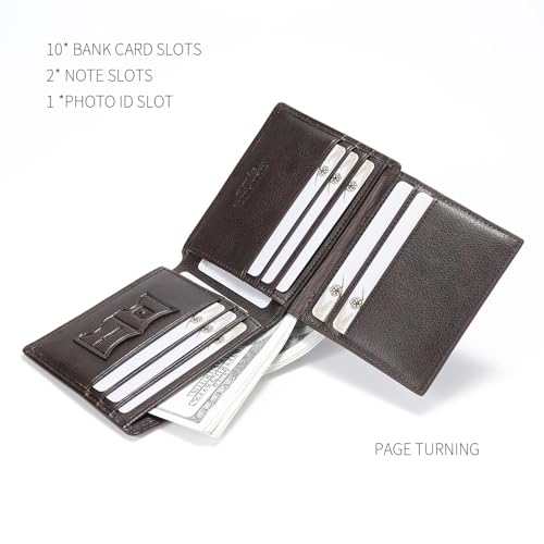 Image of Mens Trifold Leather RFID Blocking Wallet with 2 ID Windows 2 Cash Compartments 6-8 card slots 2-3 inside slots Large Capacity Wallet
