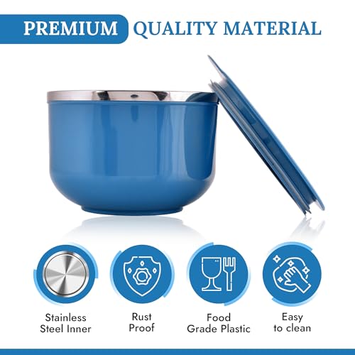 Image of 600ml Airtight-Lid Stainless Steel Soup Bowl with Spoon & Holder | Leakproof Food Container for Noodles, Pasta & Milk | Maggie Bowl & Souptok for Eating | Navy Blue