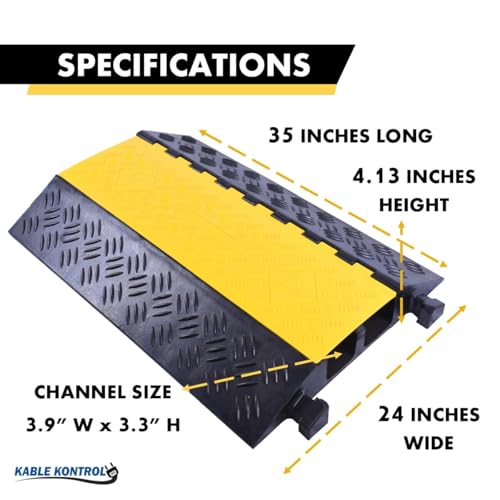 Image of Kable Kontrol Atlas Heavy Duty Cable Protector Ramp - 2 Channel - 1 Pc - 35 inch Long Black & Yellow - 32000 Lbs Capacity - Rubber Speed Bump Wire Protector Cord Cover - CP9985