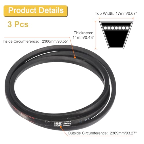 Image of Uxcell 3 Pack B91 Classic V-Belt, 93 inch Outside Circumference, Black, Industrial Rubber V-Belt, B Profile, for Industrial Machinery Equipment