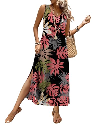 XIEERDUO Maxi Dresses for Women Summer Holiday Paisley Beach Vacation Fashion Clothing Comfy Spring Floral Sundresses for Women V Neck Tank A-Red Leaf S