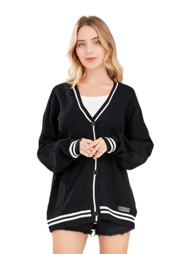 ebossy Women's Open Front Stars Embroideried Cable Knit Cardigans Button Down Sweater Outwear (S, Black)