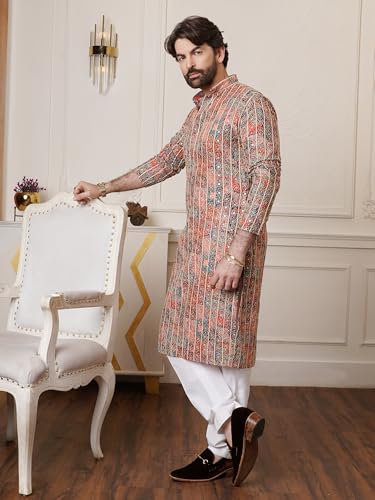Image of SOJANYA (Since 1958 Men's Cotton Gold Thread Embroidered Long Kurta