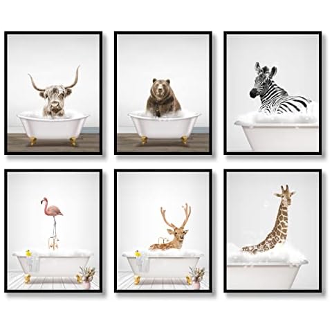 DUODUOZCF Wall Art Set of 6 Canvas Posters, Bathroom Decor, Animal Prints, Funny Photos, Yak, Crane, Deer, Zebra in Bathtub, 11''x14'' UNFRAMED Cover