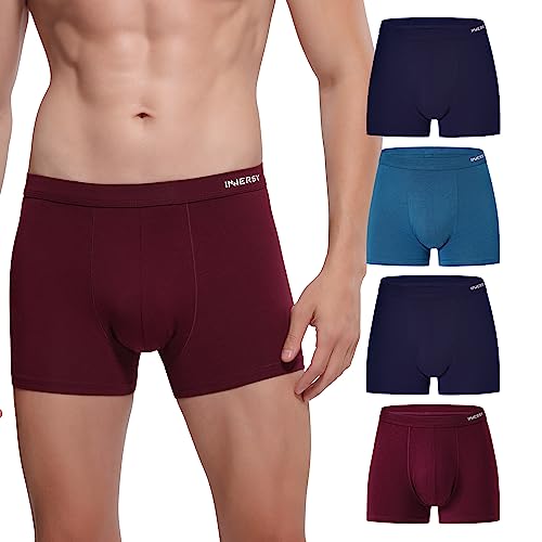 INNERSY Mens Boxer Shorts Smooth Underpants Breathable Pants Underwear Sports Trunks 4 Pack (M, Wine/Blue/2 Navy)