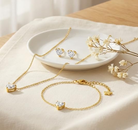 Valentines Gold Necklace Bracelets Earrings for Women Set, Hypoallergenic 316L Stainless Steel Heart in Cubic Zirconia 18K Gold Plated Jewelry Set, Day Birthday Gift for Her Thoughtful Jewelry for Every Woman You Love - Image 4