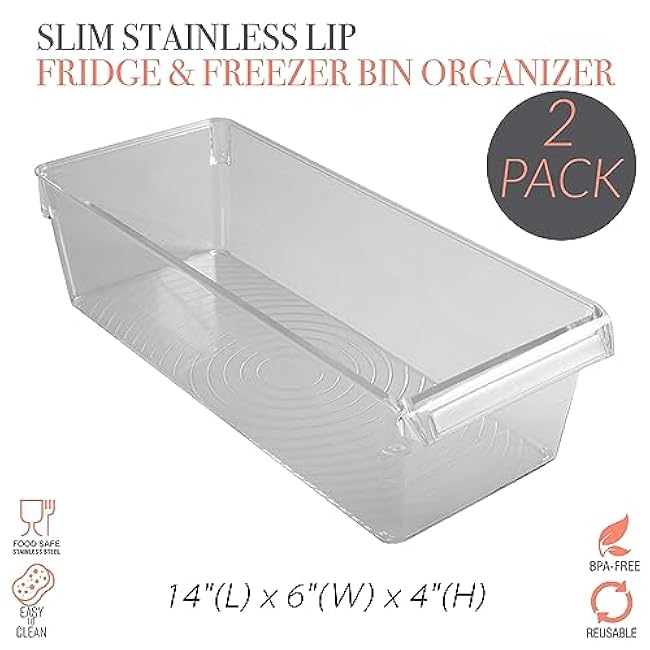 Kitchen Details 2 Pack Slim Refrigerator Storage Bin | Fridge & Freezer | Kitchen Organization | Stainless Steel Handle | Countertop | Cabinets | Pantry | Clear