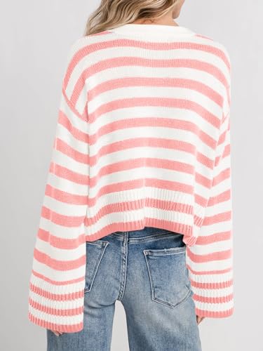 Image of Saodimallsu Womens Striped Cardigan Sweaters Cropped Fall Button Open Front Long Sleeve Knit Sweater Coat with Pockets