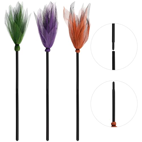 Jmkcoz 3 Pcs Halloween Witch Broom Plastic Witch Broomstick Broom Cosplay Props for Halloween Costume Haunted House Decoration, Masquerade Show Dress Up Party Supplies (Green, Purple, Orange)