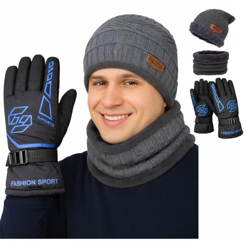 Image of K D Winter Wear 3-in-1 Cap Muffler Gloves Set for Adults | Woolen Beanie cap, Mafler Scarf & Hand Gloves | Thermal, Fleece-Lined, Unisex Winter Accessories (Gloves /cap-Mafler - GRAY)
