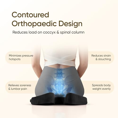 Image of Frido Slim Coccyx Seat Cushion | Orthopaedic Sitting Cushion for Tailbone & Sciatica Relief | Slim Office Chair Support for Long Sitting Hours, Driving & Daily Comfort | Anti-Slip Bottom | Black