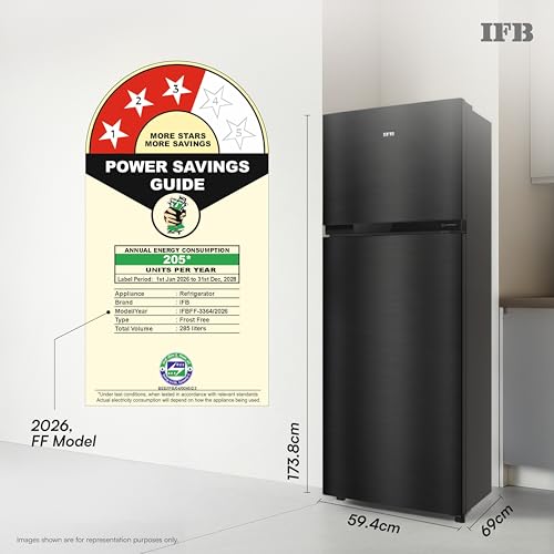 Image of IFB 285L 3 Star 10 in 1 Convertible, Advanced Inverter Frost-Free Double Door Refrigerator with 30 Hrs Cooling Retention, Freezer LED & 4 Year Super Warranty (2026, IFBFF-336CYKSETM, Metal Black)