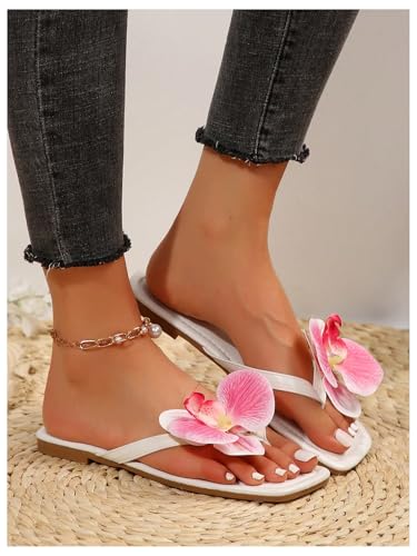 Image of GORGLITTER Women's Flower Flat Sandals Cute Square Toe Flip Flops Thong Dressy Vacation Summer 2026 Slides Shoes
