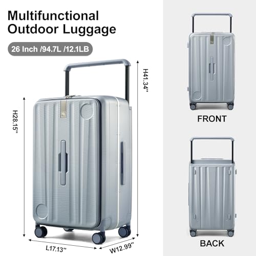 Image of Hanke Multifunctional 26 Inch Hard Shell Suitcases with Wheels Travel Approved Luggage Large Rolling Suitcase Checked Luggage for Women Men(Grey)