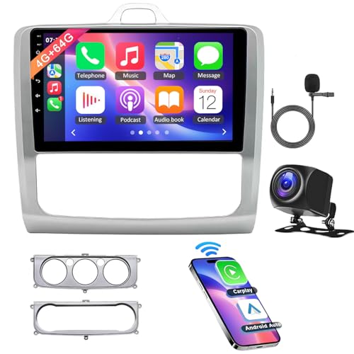 Asudaro Radio estéreo de coche de 9 pulgadas adecuada para Ford Focus MK2 2004-2011, pantalla táctil de 4 + 64 GB con función automática Carplay y Android, compatible con navegación GPS y Bluetooth,