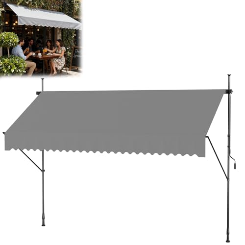 LARS360 200 x 120cm Markise Klemmmarkise Sonnenschutz UV-beständig, Fallarm Handkurbel Balkon, ohne Bohren (Hellgrau)